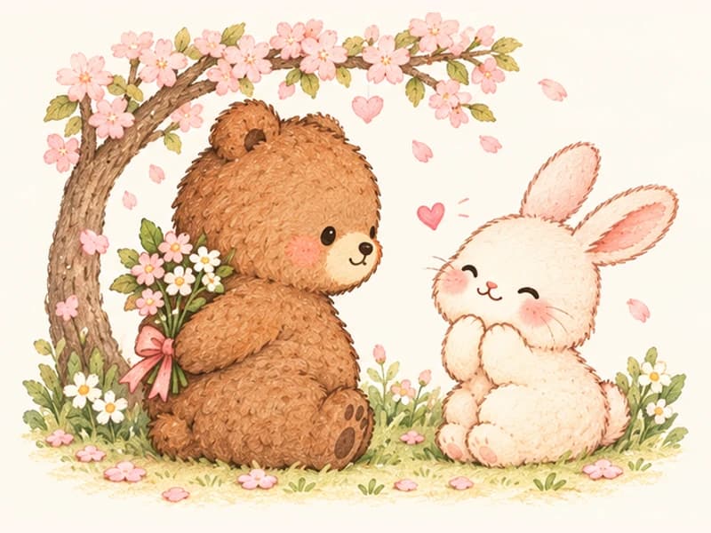 LoveDNA 原創插畫：熊與兔在花樹下初次相遇